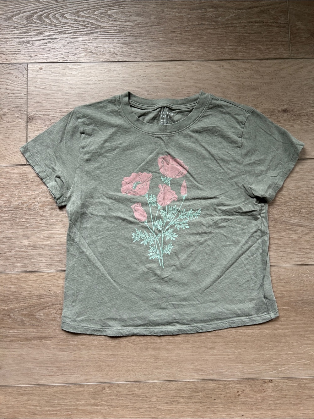 American Eagle Outfitters Olive Green Short Sleeve Floral Tee with Pink Flowers